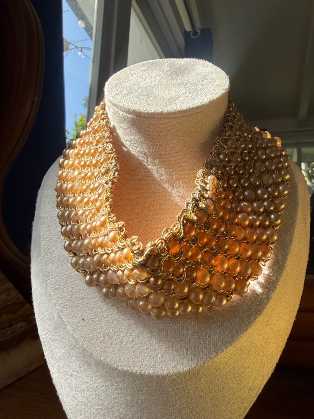 Vintage Champagne Gold-Tone Pearl Beaded Statement Choker Collar 11”